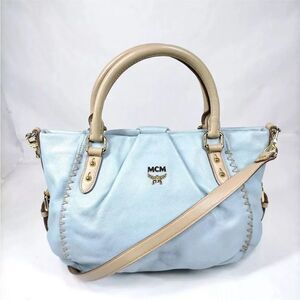 Auth MCM Light Blue Leather Tan Trim 2way Saddle Hobo Bag Satchel Preloved Purse